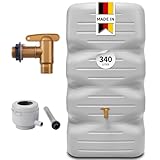 GARANTIA CUBUS Regentonne Komplett-Set 340 Liter betongrau inkl. Kunststoff-Auslaufhahn und Fallrohranschluss - Gartentank, Wassertank, Fass, Wasserbehälter, Regenfass, Regenwassertonne, Wasserfass