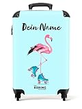 NoBoringSuitcases.com Kinderkoffer Mädchen - Reisetrolley Mit Rollen - Kinder Reisekoffer - Mit Namen - Flamingo Rollschuhen - Blau - Koffer Mädche - Kabinenkoffer 10kg - Handgepäck Koffer 55x40x20 cm