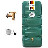CUBUS Regentonne Komplett-Set 1000 L, dunkelgrün – Stabiler Wassertank/Regenfass für Garten – UV-beständiger Regenwassertank mit Hahn, Deckel & Anschluss – platzsparender Gartentank