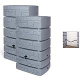 2 x Kreher XXL Regentonne 'Tower Stone' aus Kunststoff in verschiedenen Größen/Farben (wählbar). Tolle Stein-Optik - mit Auslaufhahn und praktischen Verbindungsstück! (Grau, 2 x 500 L)