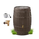 4rain VINO Regentonne Set 250 Liter Holzoptik – Regenfass/Wassertank mit Hahn + Fallrohranschluss – Frostsicherer Regenwassertank/Regenwassertonne – Wassertonne für Garten –Wasserfass Braun