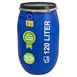 plasteo 120 Liter Weithalsfass mit Deckel und Spannring Futtertonne Kunststofffass Universalfass Deckelfass Lebensmittelecht Wasserfass Regentonne Lagerfass | Stabile Griffmulden | Blau