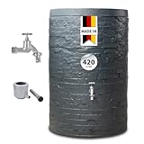 GARANTIA Muro Regentonne Komplett-Set 420 Liter Graphite Grey inkl. Chrom-Auslaufhahn und Fallrohranschluss - Wassertank, Regenfass, Tonne mit Deckel, Regenwassertonne, Wasserbehälter, Fass