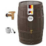 4rain VINO Regentonne Set 250 Liter Holzoptik – Regenfass/Wassertank mit Hahn + Fallrohranschluss – Frostsicherer Regenwassertank/Regenwassertonne – Wassertonne für Garten –Wasserfass Braun