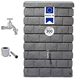 GARANTIA Rocky Junior Regentonne Set 300 Liter Dark Granite – Wandtank mit Chrom-Auslaufhahn + Fallrohranschluss – Frostsichere Regenwassertank – Wassertonne für Garten – Wasserfass Steinoptik