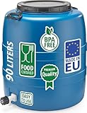 F & R Regentonne 90l mit Griffen und Auslaufhahn mit Deckel HDPE lebensmittelecht Stabiler Wasserbehälter Regenfass Wassertank Garten Frischwassertank