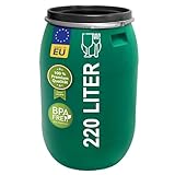 Das Plasteo 220 Liter Weithalsfass mit Deckel und Spannring, HDPE, BPA-Frei, lebensmittelecht, vielseitig verwendbar als Lebensmittelfass, Futtertonne, Regentonne (Grün mit Spannring)