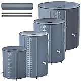 PEILU 200L Faltbare Regentonnen 50 Gallonen Wasserauffangbehälter mit Wasserhahn, Skala & Ablauf Tragbare Regenwassertonne mit Stützstab Grau Wassertank zum Sammeln von Regenwasser Garten Regentank