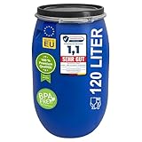 plasteo 120 Liter Weithalsfass mit Deckel und Spannring Futtertonne Kunststofffass Universalfass Deckelfass Lebensmittelecht Wasserfass Regentonne Lagerfass | Stabile Griffmulden | Blau