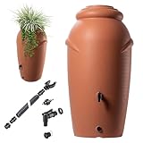 KADAX Regentonne aus Kunststoff 210 L, Regenwassertank mit Wasserhahn, Pflanzschale und Deckel, Dekorativer Regentank, Frostsicheres Regenfass