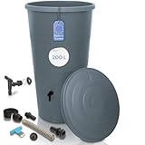 YourCasa Regentonne 200 Liter [inklusive Anschlusset & Bohrer] Regenfass Wetterfest aus Kunststoff mit Wasserhahn - Regenwassertonne - Wasserfass Regenwassertank Wassertonne für Garten (Grau, 200L)
