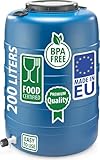F & R Regentonne 200l mit Griffen und Auslaufhahn mit Deckel HDPE lebensmittelecht Stabiler Wasserbehälter Regenfass Wassertank Garten Frischwassertank
