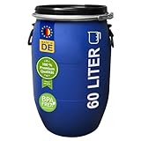 plasteo 60 Liter Deckelfass Weithalsfass mit Spannverschluss | Futtertonne | Universalfass | Lagerfass | Campingfass | Transportfass | Regenfass | Stapelbar | IKG Gütezeichen | Blau