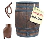 REGENTONNE REGENFASS WASSERFASS REGENWASSERBEHÄLTER REGENWASSERFASS GARTENFASS (Eichenfass 450l inkl. T33 und Entnahmeset Braun)